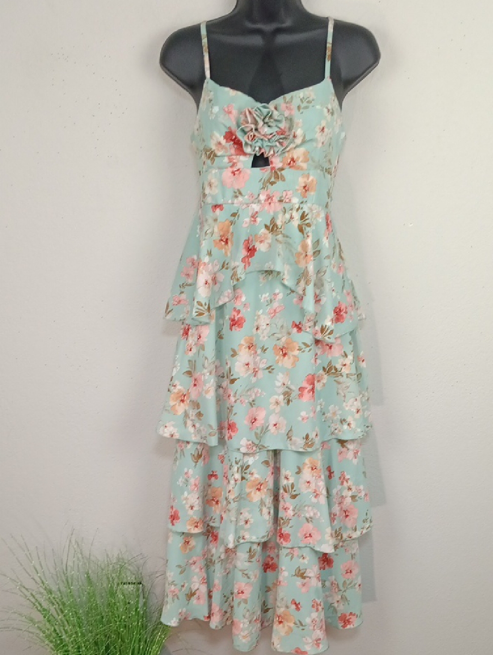 Women's Light Blue Floral Tiered Sleeveless V Neck Flowy Boho Maxi Dress sz L